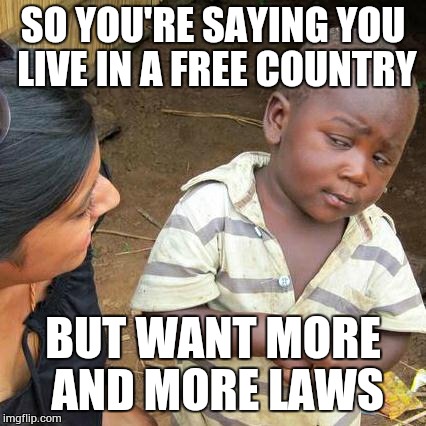 Third World Skeptical Kid Meme | SO YOU'RE SAYING YOU LIVE IN A FREE COUNTRY BUT WANT MORE AND MORE LAWS | image tagged in memes,third world skeptical kid | made w/ Imgflip meme maker
