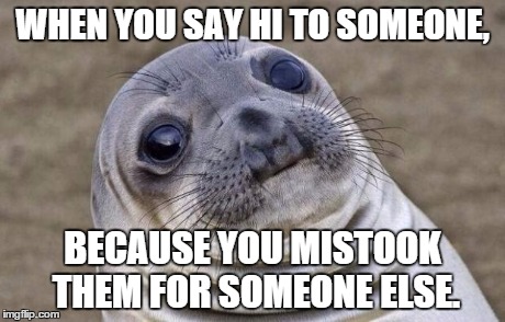 Awkward Moment Sealion | WHEN YOU SAY HI TO SOMEONE, BECAUSE YOU MISTOOK THEM FOR SOMEONE ELSE. | image tagged in memes,awkward moment sealion | made w/ Imgflip meme maker