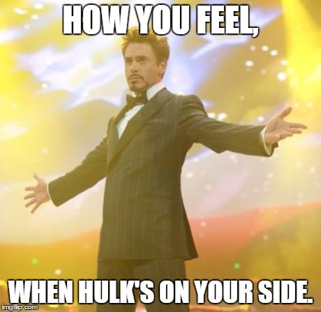 Robert Downey Jr Iron Man | HOW YOU FEEL, WHEN HULK'S ON YOUR SIDE. | image tagged in robert downey jr iron man | made w/ Imgflip meme maker
