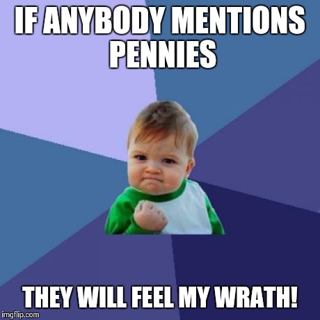 Success Kid Meme | IF ANYBODY MENTIONS PENNIES THEY WILL FEEL MY WRATH! | image tagged in memes,success kid | made w/ Imgflip meme maker