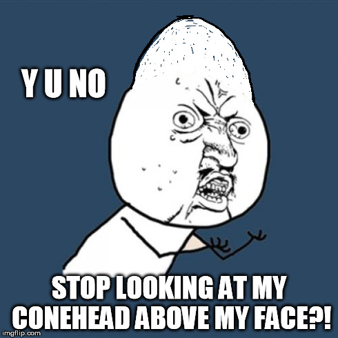 Y U No Meme | Y U NO STOP LOOKING AT MY CONEHEAD ABOVE MY FACE?! | image tagged in memes,y u no | made w/ Imgflip meme maker