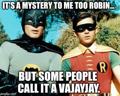 Batman and Robin | IT'S A MYSTERY TO ME TOO ROBIN... BUT SOME PEOPLE CALL IT A VAJAYJAY. | image tagged in batman and robin | made w/ Imgflip meme maker