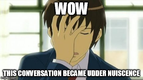 Kyon Facepalm Ver 2 | WOW THIS CONVERSATION BECAME UDDER NUISCENCE | image tagged in kyon facepalm ver 2 | made w/ Imgflip meme maker