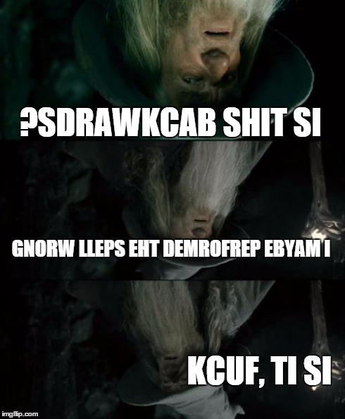 Confused Gandalf Meme | ?SDRAWKCAB SHIT SI GNORW LLEPS EHT DEMROFREP EBYAM I KCUF, TI SI | image tagged in memes,confused gandalf | made w/ Imgflip meme maker