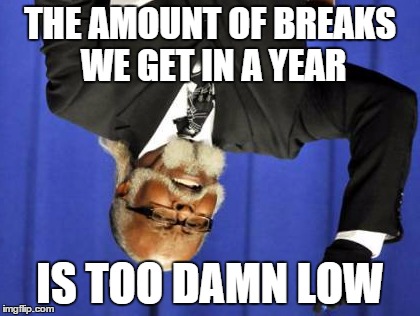 Too Damn Low | THE AMOUNT OF BREAKS WE GET IN A YEAR IS TOO DAMN LOW | image tagged in memes,too damn low | made w/ Imgflip meme maker