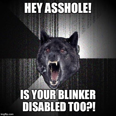 Insanity Wolf Meme | HEY ASSHOLE! IS YOUR BLINKER DISABLED TOO?! | image tagged in memes,insanity wolf,AdviceAnimals | made w/ Imgflip meme maker