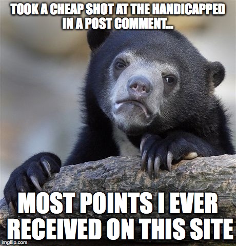 Confession Bear | TOOK A CHEAP SHOT AT THE HANDICAPPED IN A POST COMMENT... MOST POINTS I EVER RECEIVED ON THIS SITE | image tagged in memes,confession bear | made w/ Imgflip meme maker