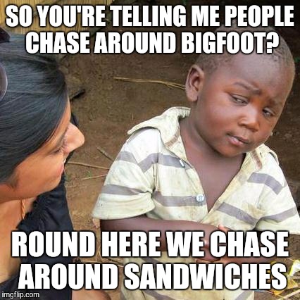 Third World Skeptical Kid Meme | SO YOU'RE TELLING ME PEOPLE CHASE AROUND BIGFOOT? ROUND HERE WE CHASE AROUND SANDWICHES | image tagged in memes,third world skeptical kid | made w/ Imgflip meme maker