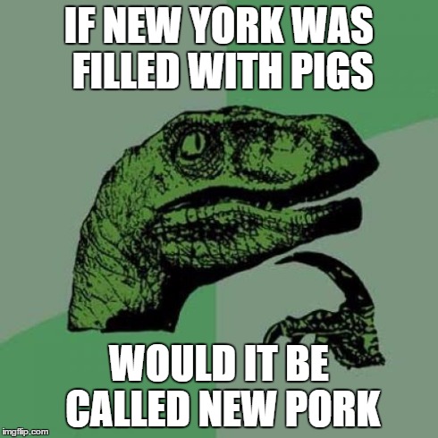 Philosoraptor Meme | IF NEW YORK WAS FILLED WITH PIGS WOULD IT BE CALLED NEW PORK | image tagged in memes,philosoraptor | made w/ Imgflip meme maker