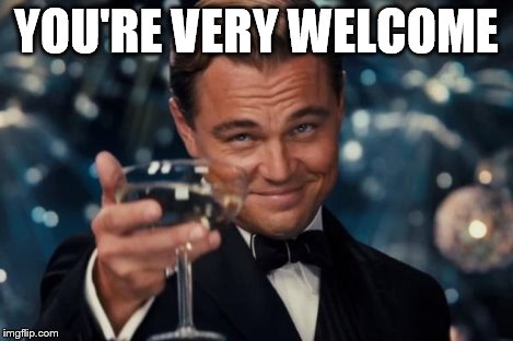 Leonardo Dicaprio Cheers Meme | YOU'RE VERY WELCOME | image tagged in memes,leonardo dicaprio cheers | made w/ Imgflip meme maker