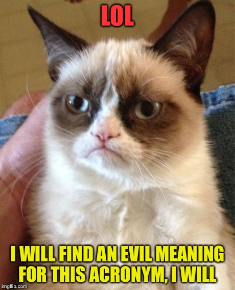 Grumpy Cat Meme | LOL I WILL FIND AN EVIL MEANING FOR THIS ACRONYM, I WILL | image tagged in memes,grumpy cat | made w/ Imgflip meme maker