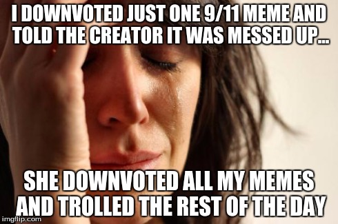 First World Problems | I DOWNVOTED JUST ONE 9/11 MEME AND TOLD THE CREATOR IT WAS MESSED UP... SHE DOWNVOTED ALL MY MEMES AND TROLLED THE REST OF THE DAY | image tagged in memes,first world problems | made w/ Imgflip meme maker