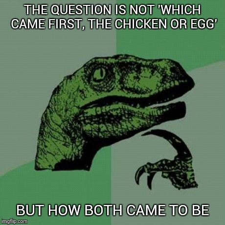 Philosoraptor | THE QUESTION IS NOT 'WHICH CAME FIRST, THE CHICKEN OR EGG' BUT HOW BOTH CAME TO BE | image tagged in memes,philosoraptor | made w/ Imgflip meme maker