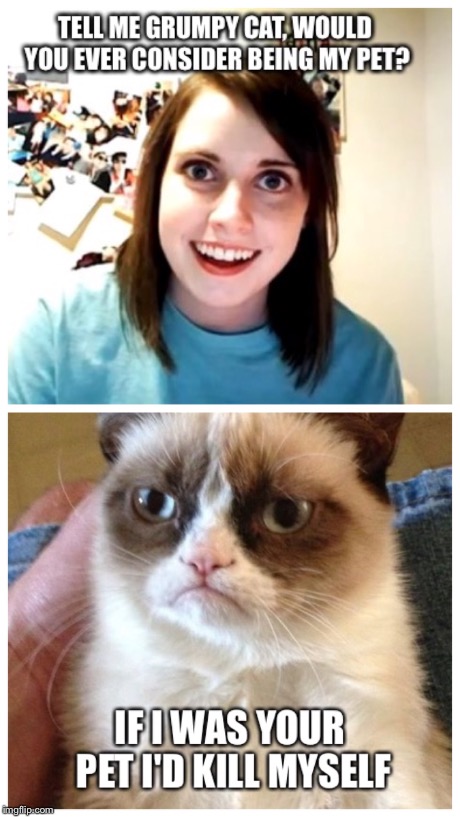 Tell me Grumpy Cat | image tagged in overly attached girlfriend,grumpy cat | made w/ Imgflip meme maker