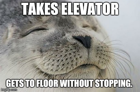 Satisfied Seal | TAKES ELEVATOR GETS TO FLOOR WITHOUT STOPPING. | image tagged in memes,satisfied seal | made w/ Imgflip meme maker