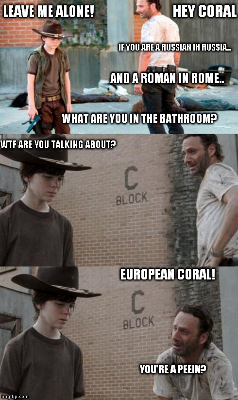 Rick and Carl 3 | HEY CORAL LEAVE ME ALONE! IF YOU ARE A RUSSIAN IN RUSSIA... AND A ROMAN IN ROME.. WHAT ARE YOU IN THE BATHROOM? WTF ARE YOU TALKING ABOUT? E | image tagged in memes,rick and carl 3,HeyCarl | made w/ Imgflip meme maker