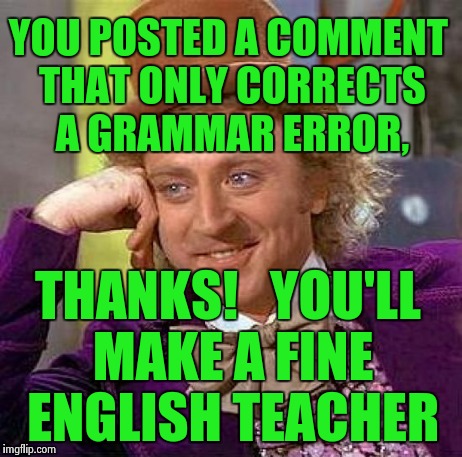We appreciate your help | YOU POSTED A COMMENT THAT ONLY CORRECTS A GRAMMAR ERROR, THANKS!   YOU'LL MAKE A FINE ENGLISH TEACHER | image tagged in memes,comments,creepy condescending wonka | made w/ Imgflip meme maker