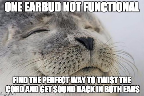Satisfied Seal Meme | ONE EARBUD NOT FUNCTIONAL FIND THE PERFECT WAY TO TWIST THE CORD AND GET SOUND BACK IN BOTH EARS | image tagged in memes,satisfied seal | made w/ Imgflip meme maker