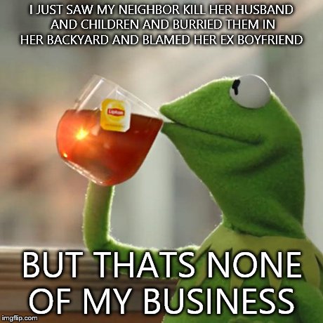 But That's None Of My Business | I JUST SAW MY NEIGHBOR KILL HER HUSBAND AND CHILDREN AND BURRIED THEM IN HER BACKYARD AND BLAMED HER EX BOYFRIEND BUT THATS NONE OF MY BUSIN | image tagged in memes,but thats none of my business,kermit the frog | made w/ Imgflip meme maker