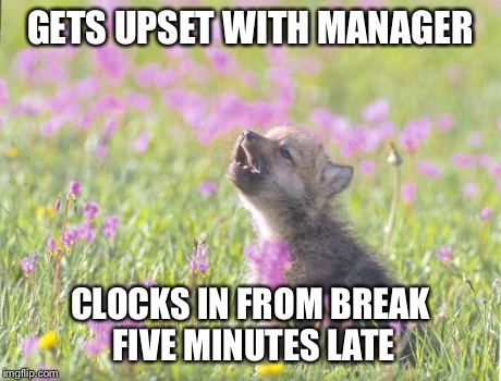 Baby Insanity Wolf Meme | GETS UPSET WITH MANAGER CLOCKS IN FROM BREAK FIVE MINUTES LATE | image tagged in memes,baby insanity wolf,AdviceAnimals | made w/ Imgflip meme maker