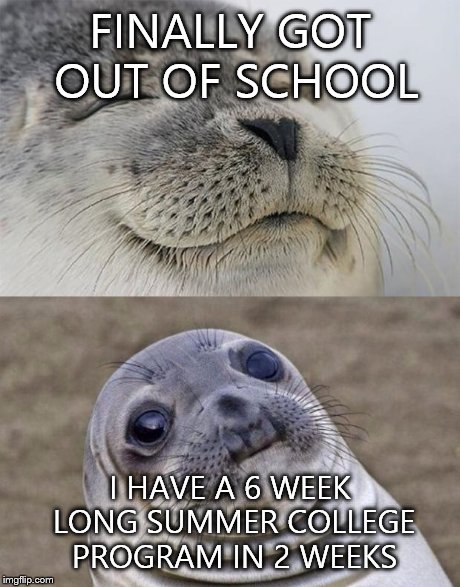 Short Satisfaction VS Truth Meme | FINALLY GOT OUT OF SCHOOL I HAVE A 6 WEEK LONG SUMMER COLLEGE PROGRAM IN 2 WEEKS | image tagged in memes,short satisfaction vs truth | made w/ Imgflip meme maker
