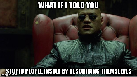 Morpheus sitting down | WHAT IF I TOLD YOU STUPID PEOPLE INSULT BY DESCRIBING THEMSELVES | image tagged in morpheus sitting down | made w/ Imgflip meme maker