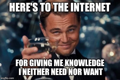 Leonardo Dicaprio Cheers | HERE'S TO THE INTERNET FOR GIVING ME KNOWLEDGE I NEITHER NEED NOR WANT | image tagged in memes,leonardo dicaprio cheers | made w/ Imgflip meme maker