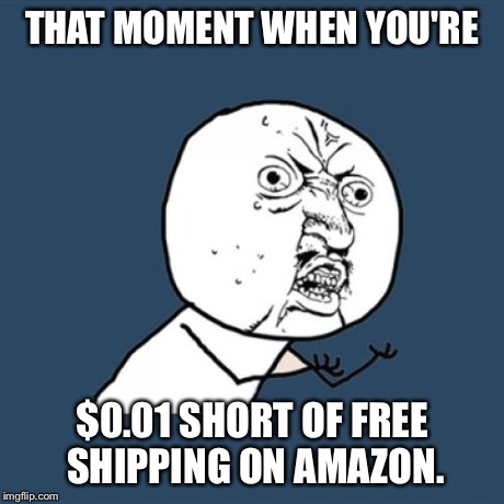 Y U No | THAT MOMENT WHEN YOU'RE $0.01 SHORT OF FREE SHIPPING ON AMAZON. | image tagged in memes,y u no | made w/ Imgflip meme maker