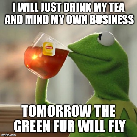 But That's None Of My Business Meme | I WILL JUST DRINK MY TEA AND MIND MY OWN BUSINESS TOMORROW THE GREEN FUR WILL FLY | image tagged in memes,but thats none of my business,kermit the frog | made w/ Imgflip meme maker