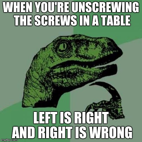 Philosoraptor | WHEN YOU'RE UNSCREWING THE SCREWS IN A TABLE LEFT IS RIGHT AND RIGHT IS WRONG | image tagged in memes,philosoraptor | made w/ Imgflip meme maker