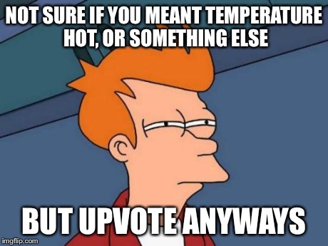 Futurama Fry Meme | NOT SURE IF YOU MEANT TEMPERATURE HOT, OR SOMETHING ELSE BUT UPVOTE ANYWAYS | image tagged in memes,futurama fry | made w/ Imgflip meme maker