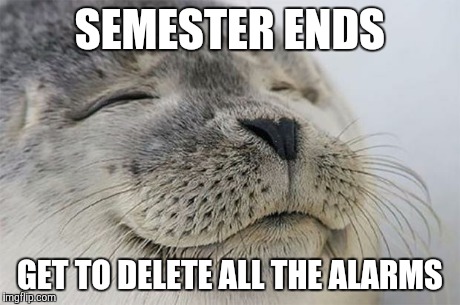 Satisfied Seal | SEMESTER ENDS GET TO DELETE ALL THE ALARMS | image tagged in memes,satisfied seal,AdviceAnimals | made w/ Imgflip meme maker