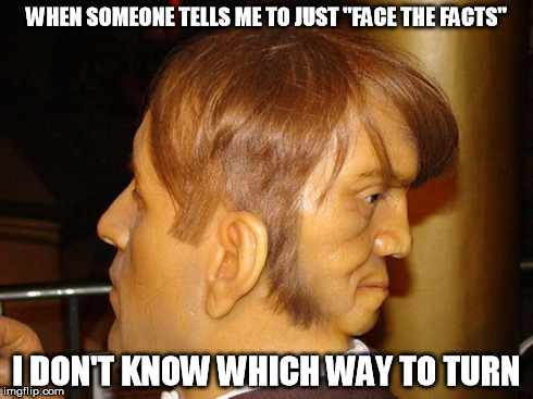 The Paradox | WHEN SOMEONE TELLS ME TO JUST "FACE THE FACTS" I DON'T KNOW WHICH WAY TO TURN | image tagged in 2 faced | made w/ Imgflip meme maker