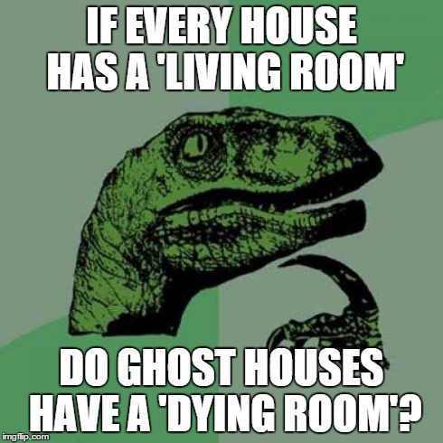 Philosoraptor | IF EVERY HOUSE HAS A 'LIVING ROOM' DO GHOST HOUSES HAVE A 'DYING ROOM'? | image tagged in memes,philosoraptor | made w/ Imgflip meme maker