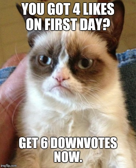 Grumpy Cat Meme | YOU GOT 4 LIKES ON FIRST DAY? GET 6 DOWNVOTES NOW. | image tagged in memes,grumpy cat | made w/ Imgflip meme maker