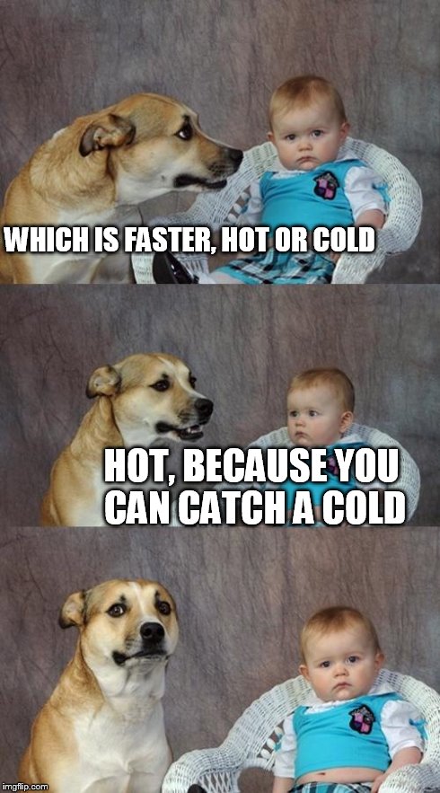 Dad Joke Dog | WHICH IS FASTER, HOT OR COLD HOT, BECAUSE YOU CAN CATCH A COLD | image tagged in memes,dad joke dog | made w/ Imgflip meme maker