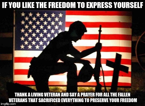 Fallen Soldier | IF YOU LIKE THE FREEDOM TO EXPRESS YOURSELF THANK A LIVING VETERAN AND SAY A PRAYER FOR ALL THE FALLEN VETERANS THAT SACRIFICED EVERYTHING T | image tagged in fallen soldier,memorial day | made w/ Imgflip meme maker
