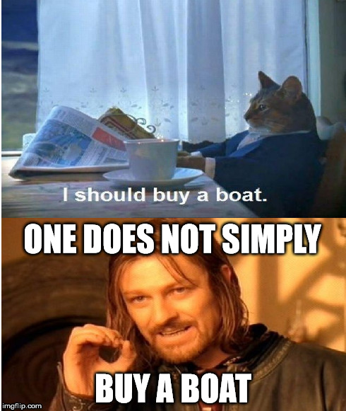 All these goddamn boats | ONE DOES NOT SIMPLY BUY A BOAT | image tagged in i should buy a boat cat,ones does not simply | made w/ Imgflip meme maker