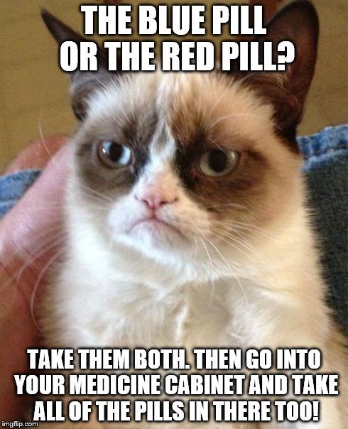 Grumpy Cat | THE BLUE PILL OR THE RED PILL? TAKE THEM BOTH. THEN GO INTO YOUR MEDICINE CABINET AND TAKE ALL OF THE PILLS IN THERE TOO! | image tagged in memes,grumpy cat | made w/ Imgflip meme maker