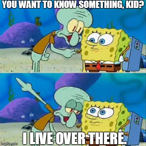 Talk To Spongebob Meme | YOU WANT TO KNOW SOMETHING, KID? I LIVE OVER THERE. | image tagged in memes,talk to spongebob | made w/ Imgflip meme maker