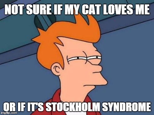 Futurama Fry | NOT SURE IF MY CAT LOVES ME OR IF IT'S STOCKHOLM SYNDROME | image tagged in memes,futurama fry | made w/ Imgflip meme maker