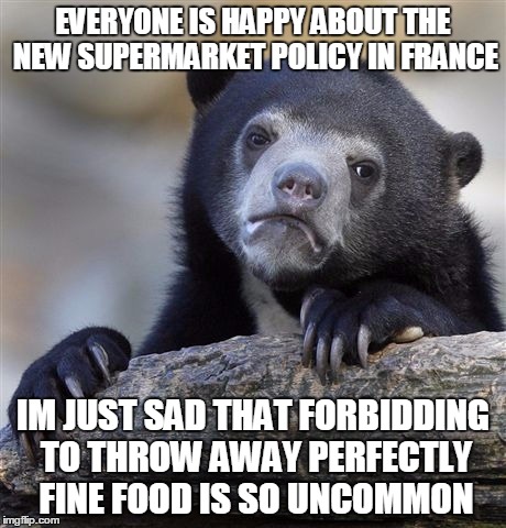 I would like to ask Chancellor Merkel why ... | EVERYONE IS HAPPY ABOUT THE NEW SUPERMARKET POLICY IN FRANCE IM JUST SAD THAT FORBIDDING TO THROW AWAY PERFECTLY FINE FOOD IS SO UNCOMMON | image tagged in memes,confession bear,france,supermarket,policy | made w/ Imgflip meme maker