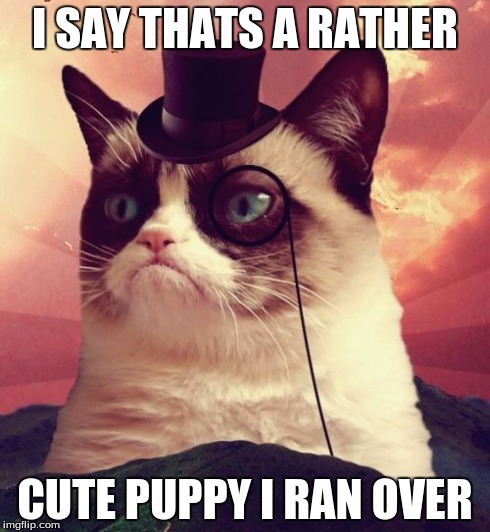 Grumpy Cat Top Hat | I SAY THATS A RATHER CUTE PUPPY I RAN OVER | image tagged in memes,grumpy cat top hat,grumpy cat | made w/ Imgflip meme maker