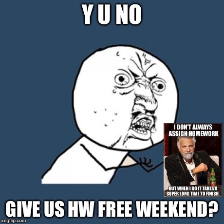 Y U No Meme | Y U NO GIVE US HW FREE WEEKEND? | image tagged in memes,y u no,homework,the most interesting man in the world | made w/ Imgflip meme maker