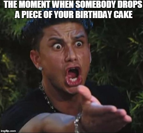 DJ Pauly D Meme | THE MOMENT WHEN SOMEBODY DROPS A PIECE OF YOUR BIRTHDAY CAKE | image tagged in memes,dj pauly d | made w/ Imgflip meme maker