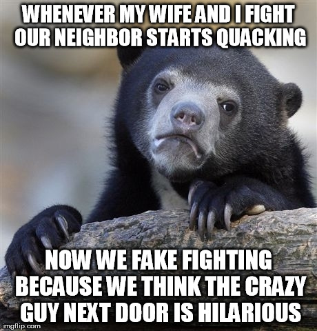 Confession Bear | WHENEVER MY WIFE AND I FIGHT OUR NEIGHBOR STARTS QUACKING NOW WE FAKE FIGHTING BECAUSE WE THINK THE CRAZY GUY NEXT DOOR IS HILARIOUS | image tagged in memes,confession bear | made w/ Imgflip meme maker
