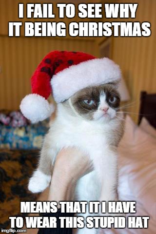 Grumpy Cat Christmas | I FAIL TO SEE WHY IT BEING CHRISTMAS MEANS THAT IT I HAVE TO WEAR THIS STUPID HAT | image tagged in memes,grumpy cat christmas,grumpy cat | made w/ Imgflip meme maker