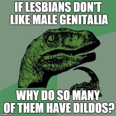 Philosoraptor Meme | IF LESBIANS DON'T LIKE MALE GENITALIA WHY DO SO MANY OF THEM HAVE D**DOS? | image tagged in memes,philosoraptor | made w/ Imgflip meme maker