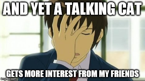 Kyon Facepalm Ver 2 | AND YET A TALKING CAT GETS MORE INTEREST FROM MY FRIENDS | image tagged in kyon facepalm ver 2 | made w/ Imgflip meme maker