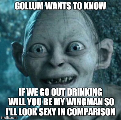 Gollum | GOLLUM WANTS TO KNOW IF WE GO OUT DRINKING WILL YOU BE MY WINGMAN SO I'LL LOOK SEXY IN COMPARISON | image tagged in memes,gollum | made w/ Imgflip meme maker